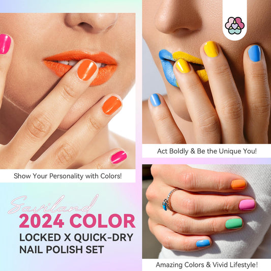 SAVILAND quick-dry nail polish bottles arranged in a vivid neon lineup.