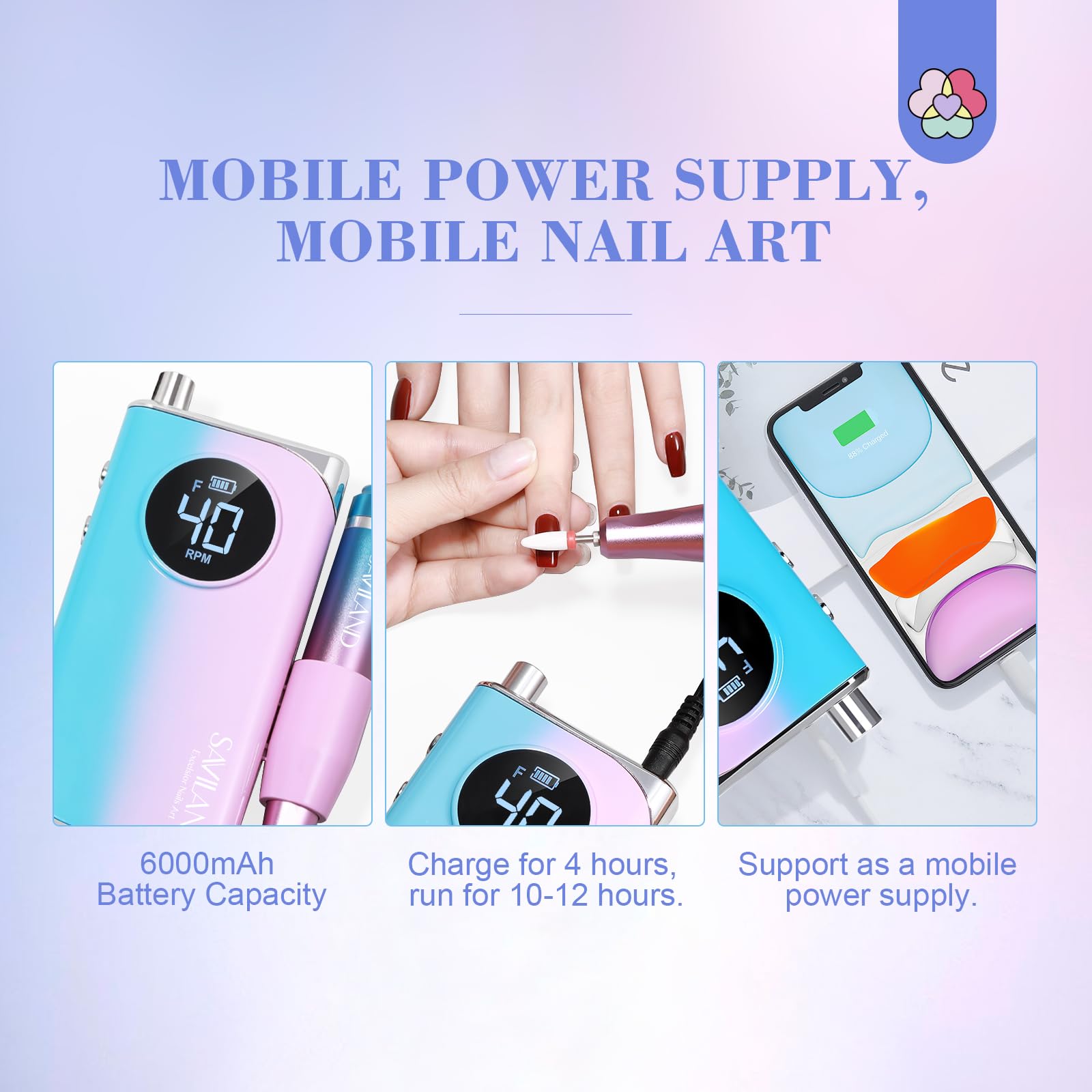 SAVILAND rechargeable nail file with LCD display during use.
