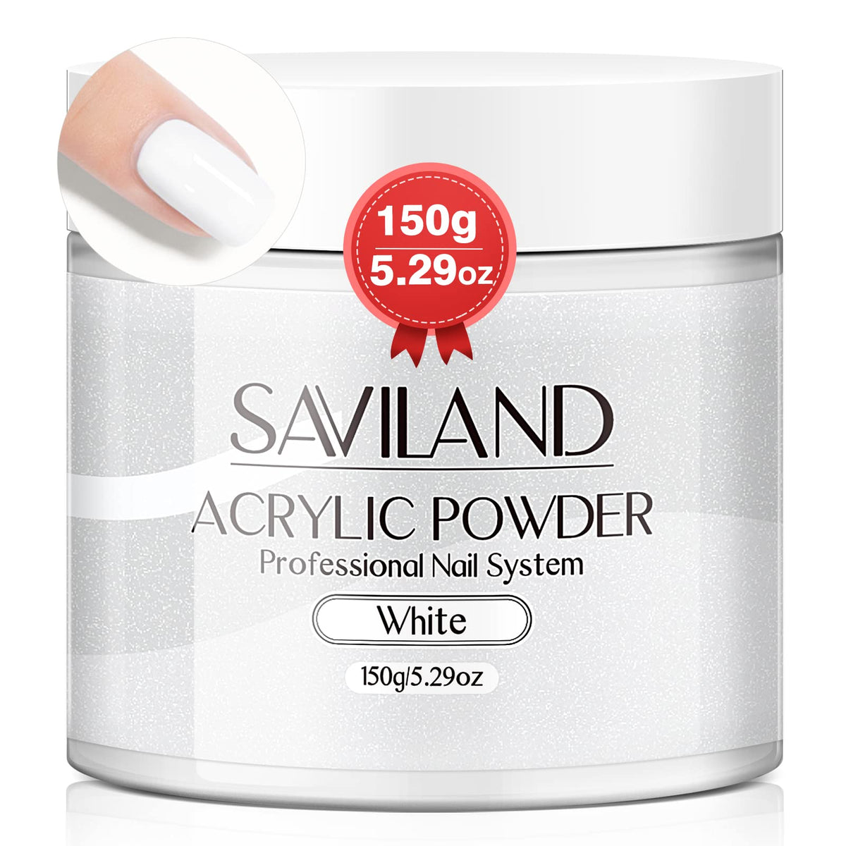 Saviland white acrylic nail powder 150g jar closeup, ideal for professional use.