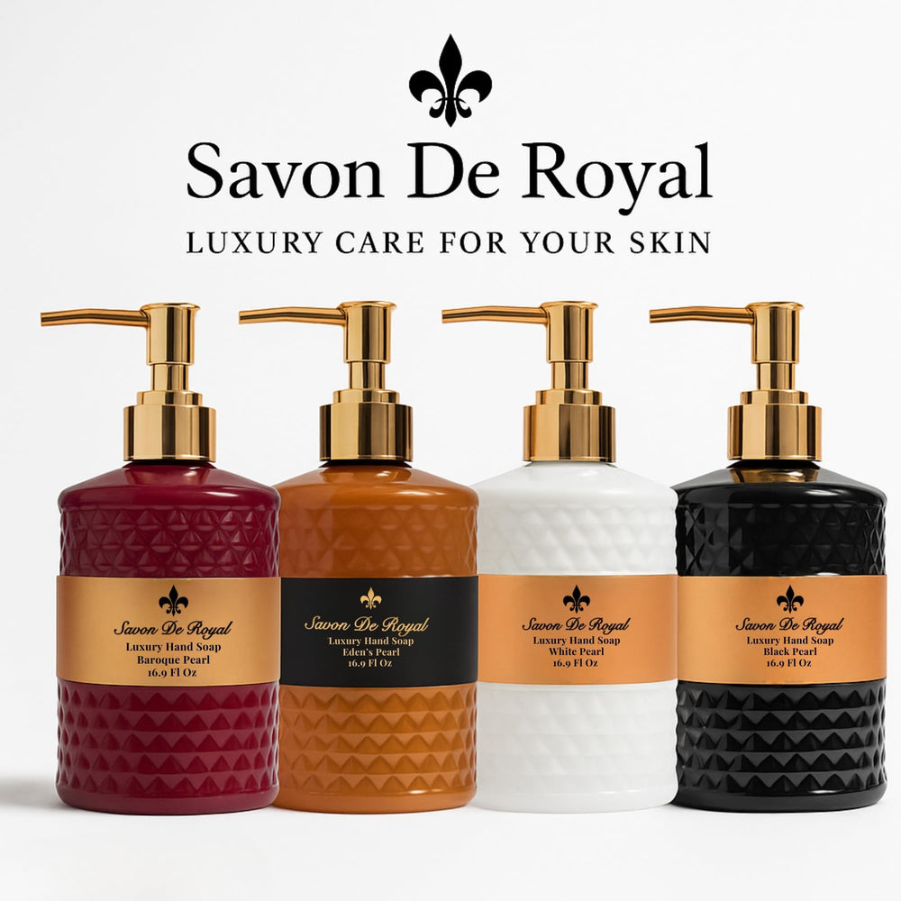 Savon De Royal bathroom display with 3-pack bottles for a refined gift option.