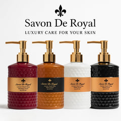 Savon De Royal bathroom display with 3-pack bottles for a refined gift option.