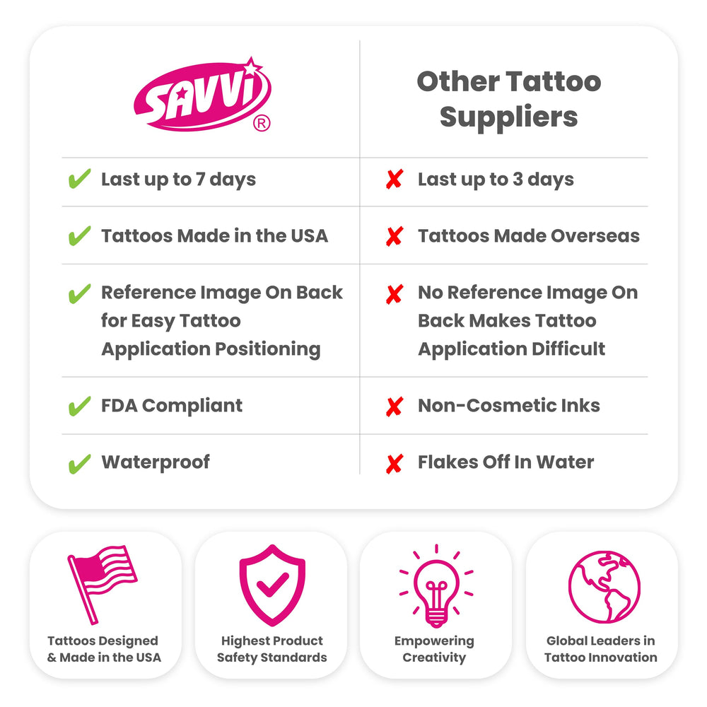 Savvi 500 tattoos variety designs offer diverse kid-friendly options.
