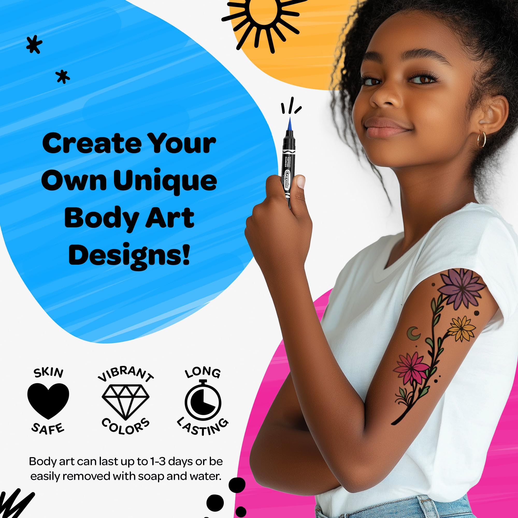 Savvi Crayola markers fine-tip detail enables precise tattoo designs.