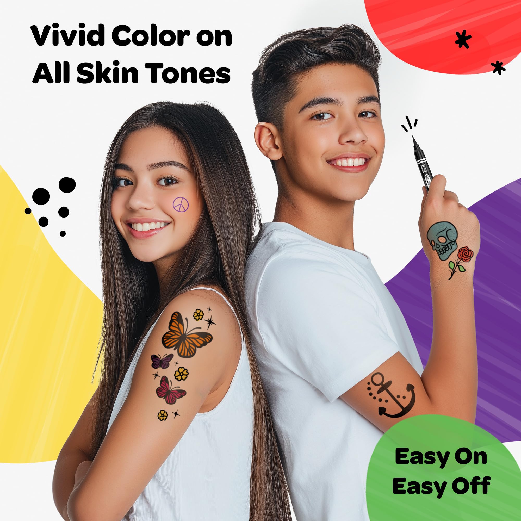 Savvi Crayola markers on skin for easy temporary expressions.