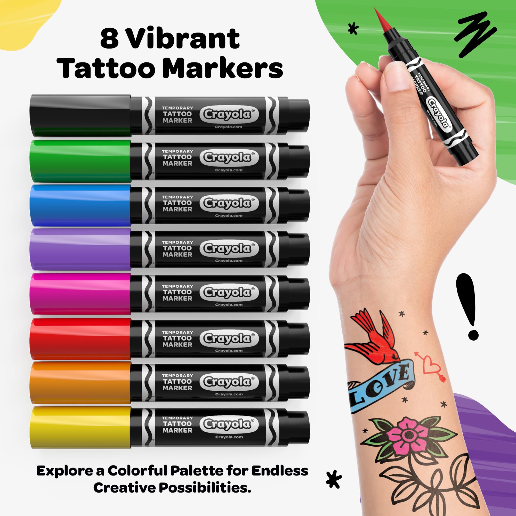 Savvi Crayola 8ct tattoo markers colors close-up for expressive designs.