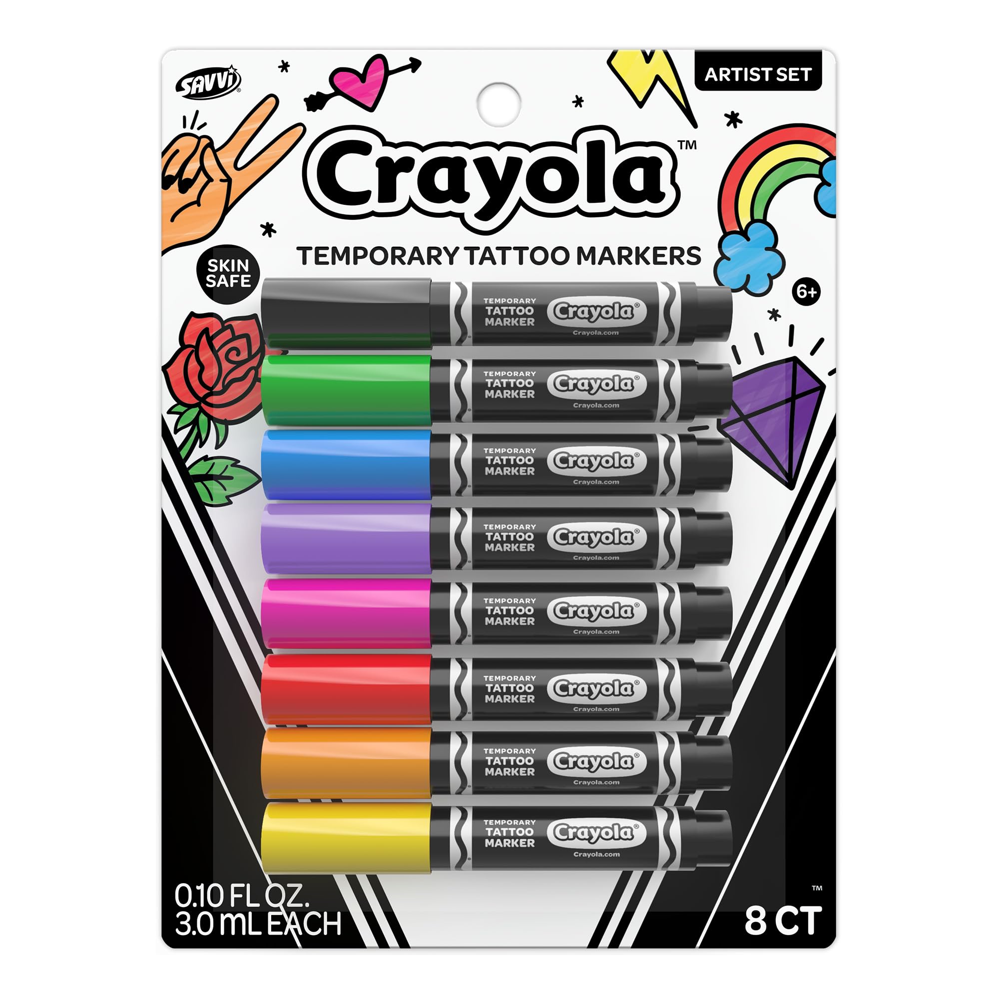 Savvi Crayola 8ct tattoo markers pack front view showing vibrant color range.