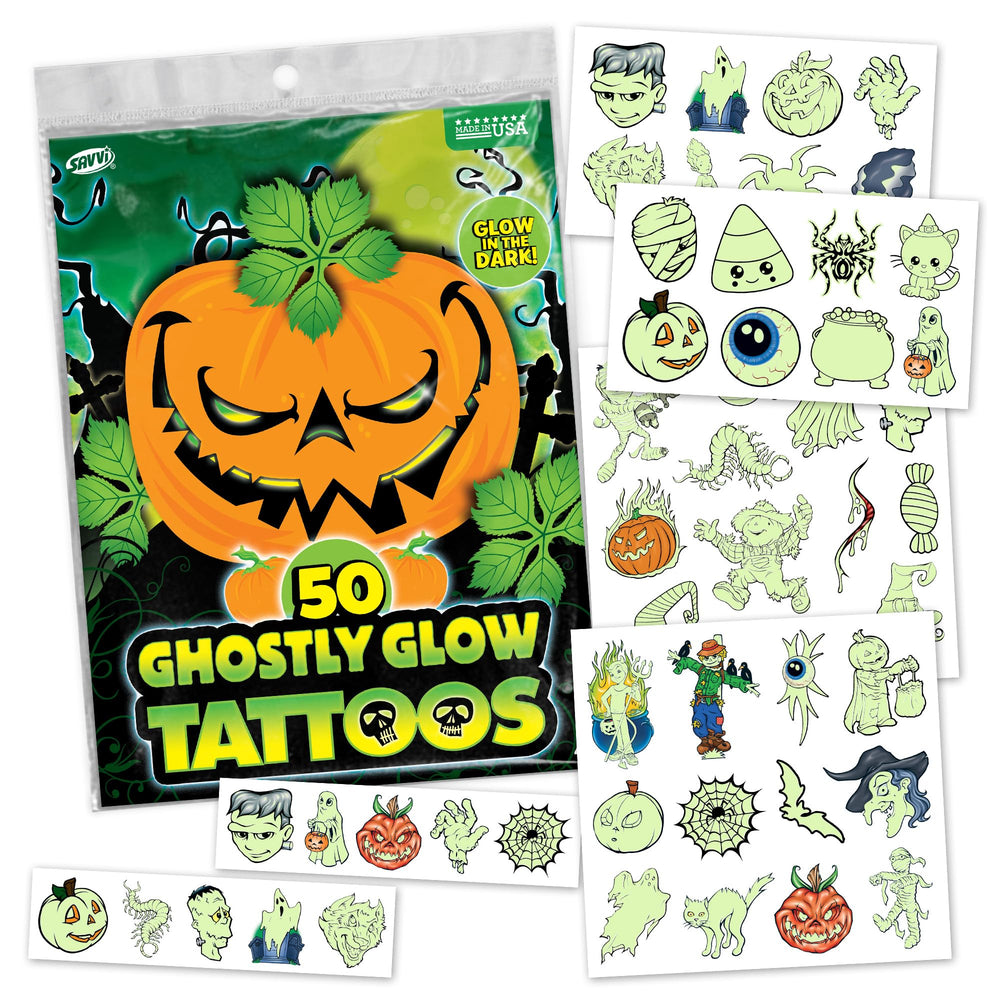 Savvi Glow Ghost tattoos glow in the dark for nighttime Halloween fun.