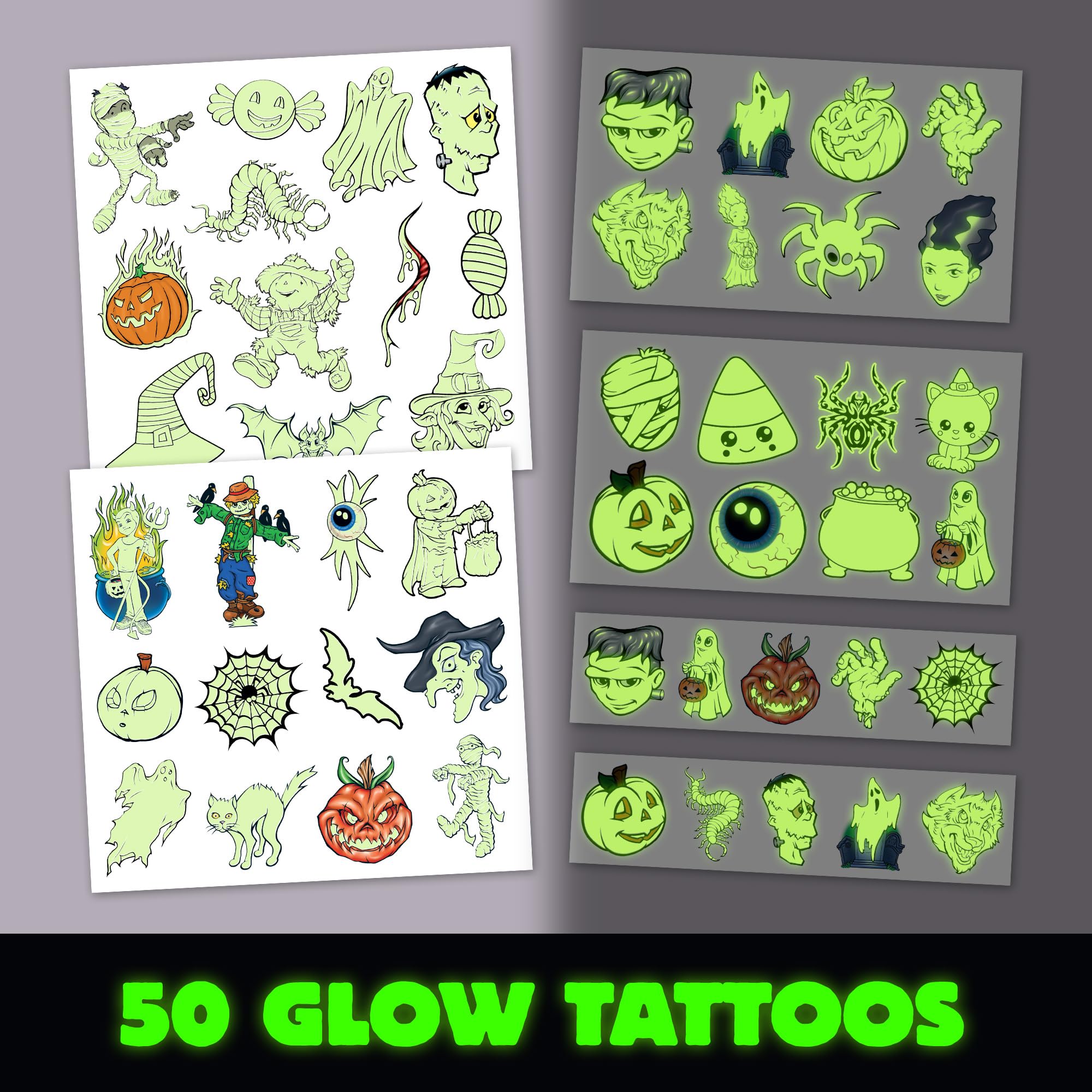 Savvi Glow Ghost tattoo pack applies easily on kids for spooky parties.