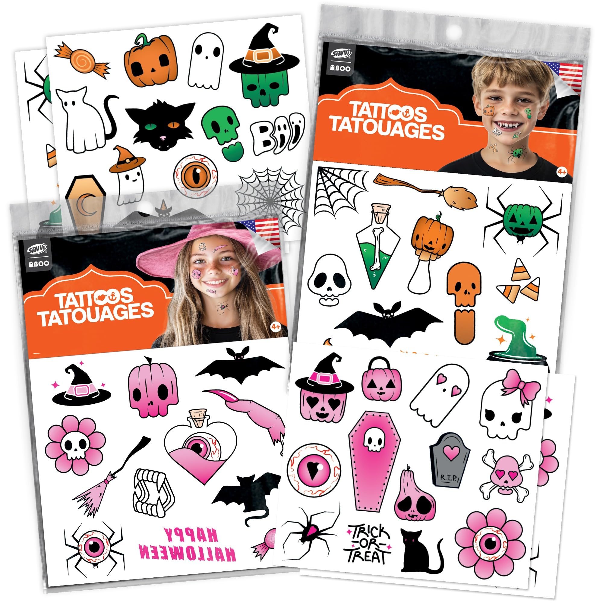 Savvi Spooky Tattoos ghosts designs for kids' Halloween costumes and quick, mess-free removal.