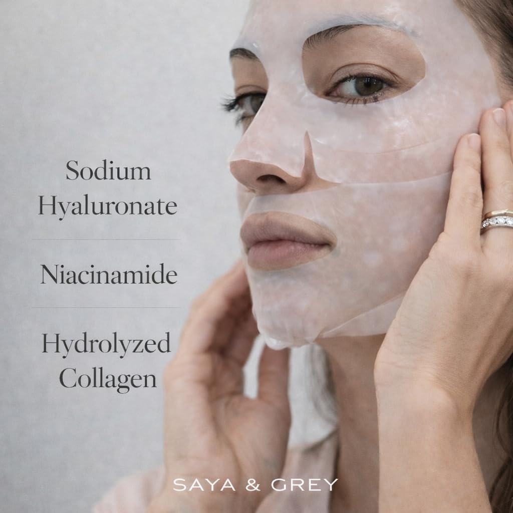 Saya & Grey Hydro Cera-Nol mask sheet in hand, showcasing portable hydration.