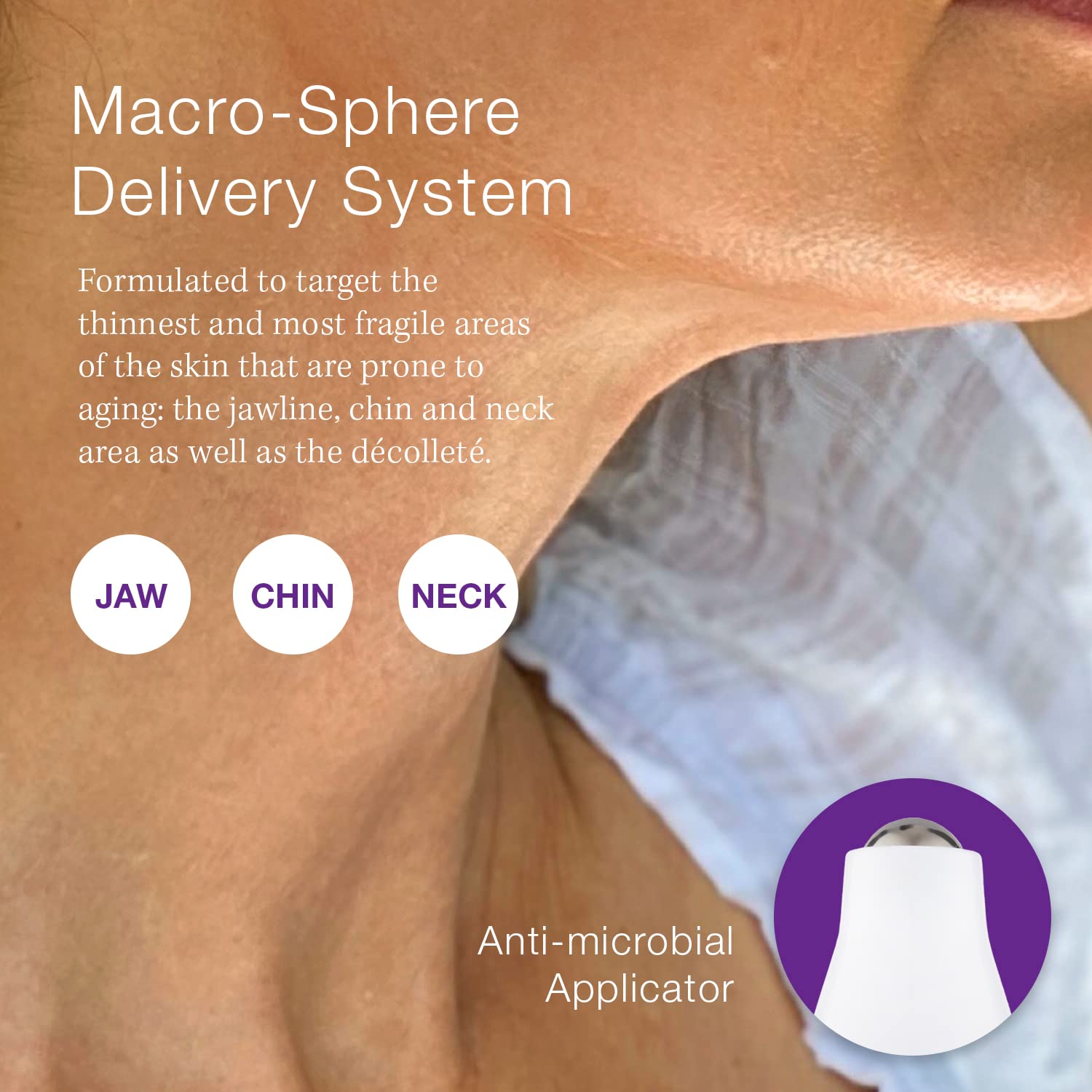 SBLA decollete closeup demonstrates firming action and even skin tone across the chest.