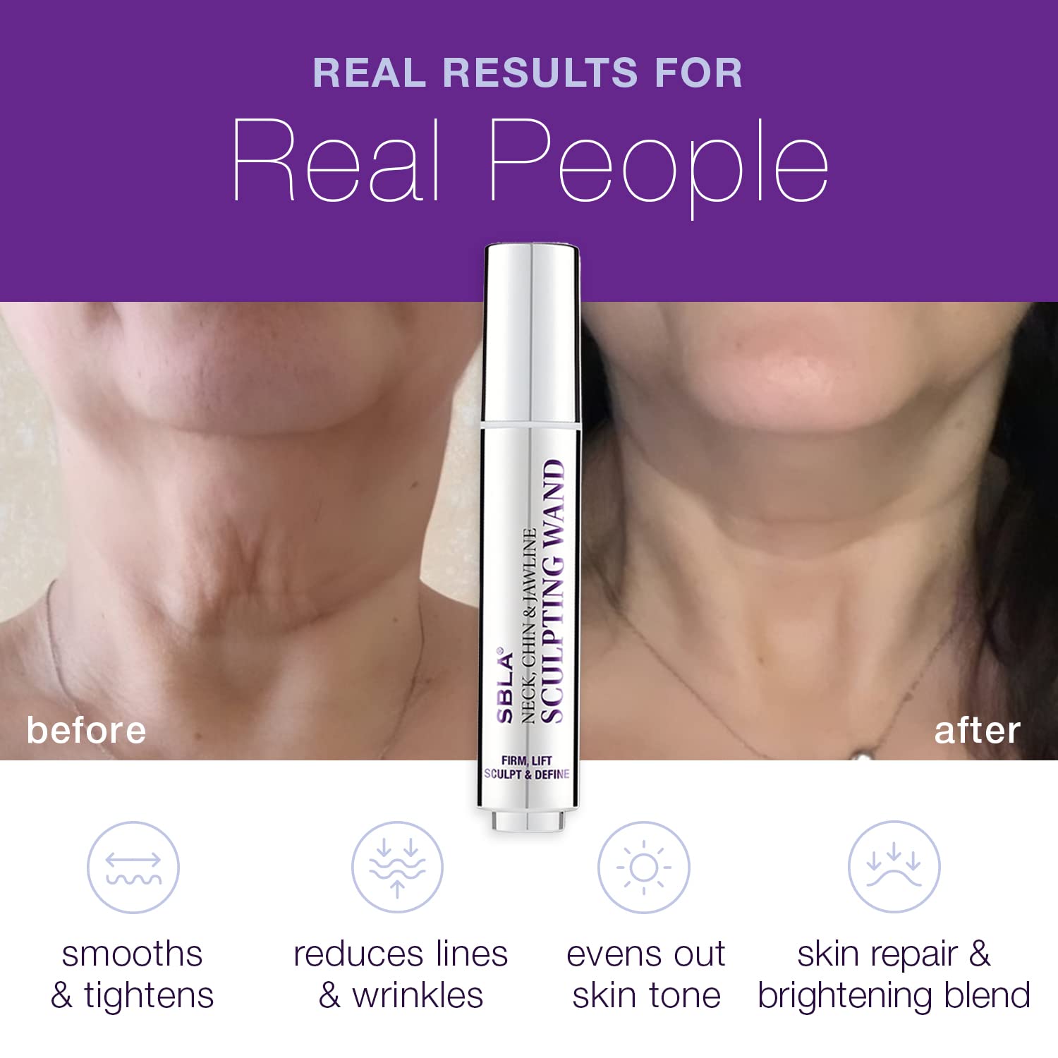 SBLA wand-dispense closeup shows precise serum delivery for targeted neck and jawline treatment.