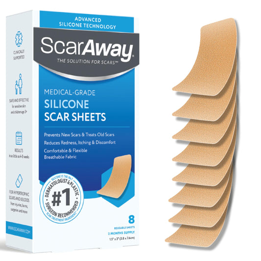 ScarAway Advanced Silicone Sheets packaging ready for reuse and scar care.