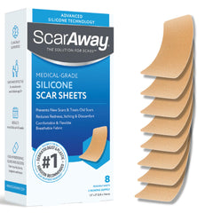 ScarAway Advanced Silicone Sheets packaging ready for reuse and scar care.
