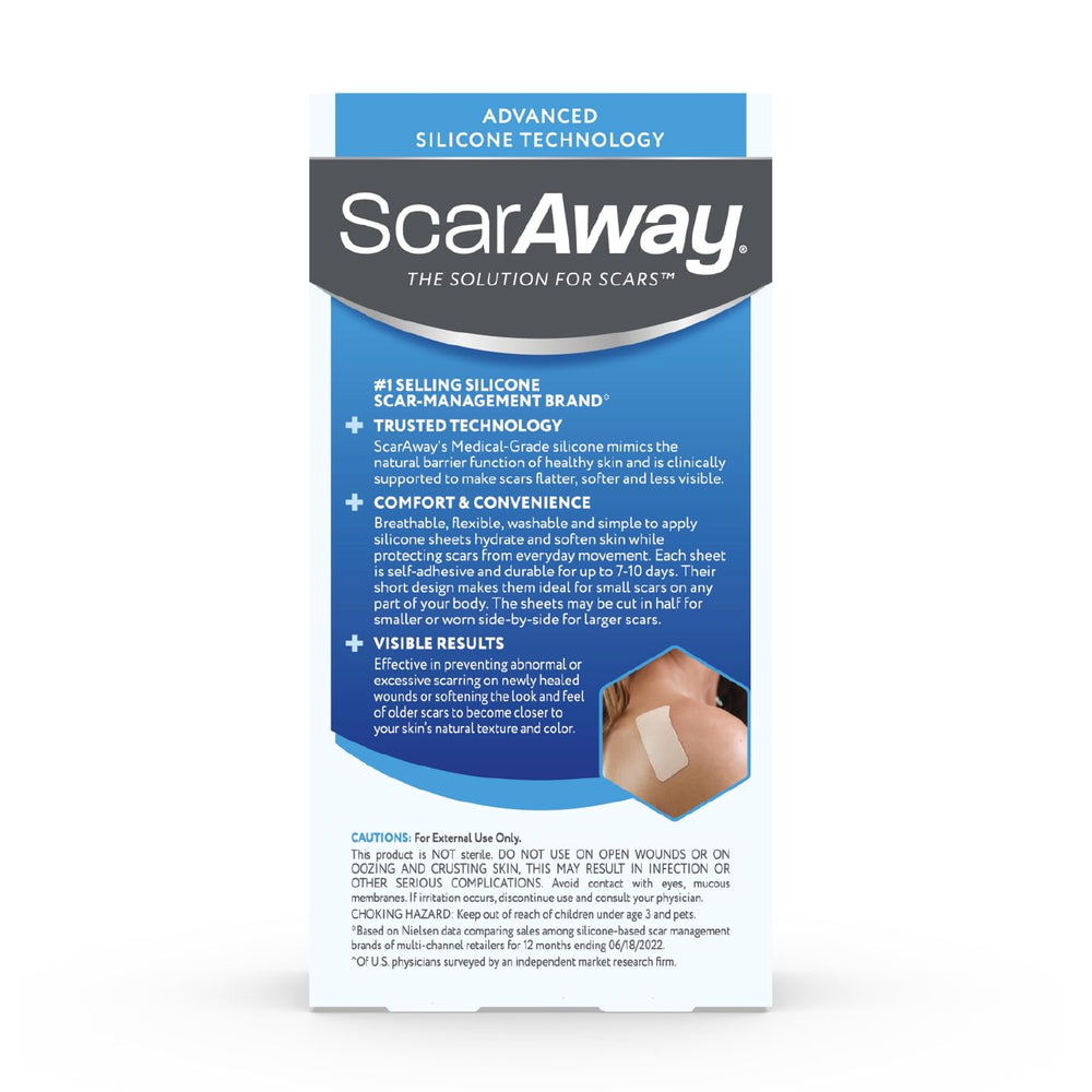 Water-resistant, self-adhesive ScarAway sheets stay in place during wear.