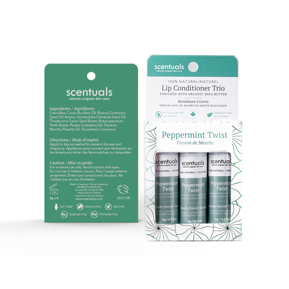 Scentuals Peppermint Twist lip balm ingredients feature shea and jojoba oils