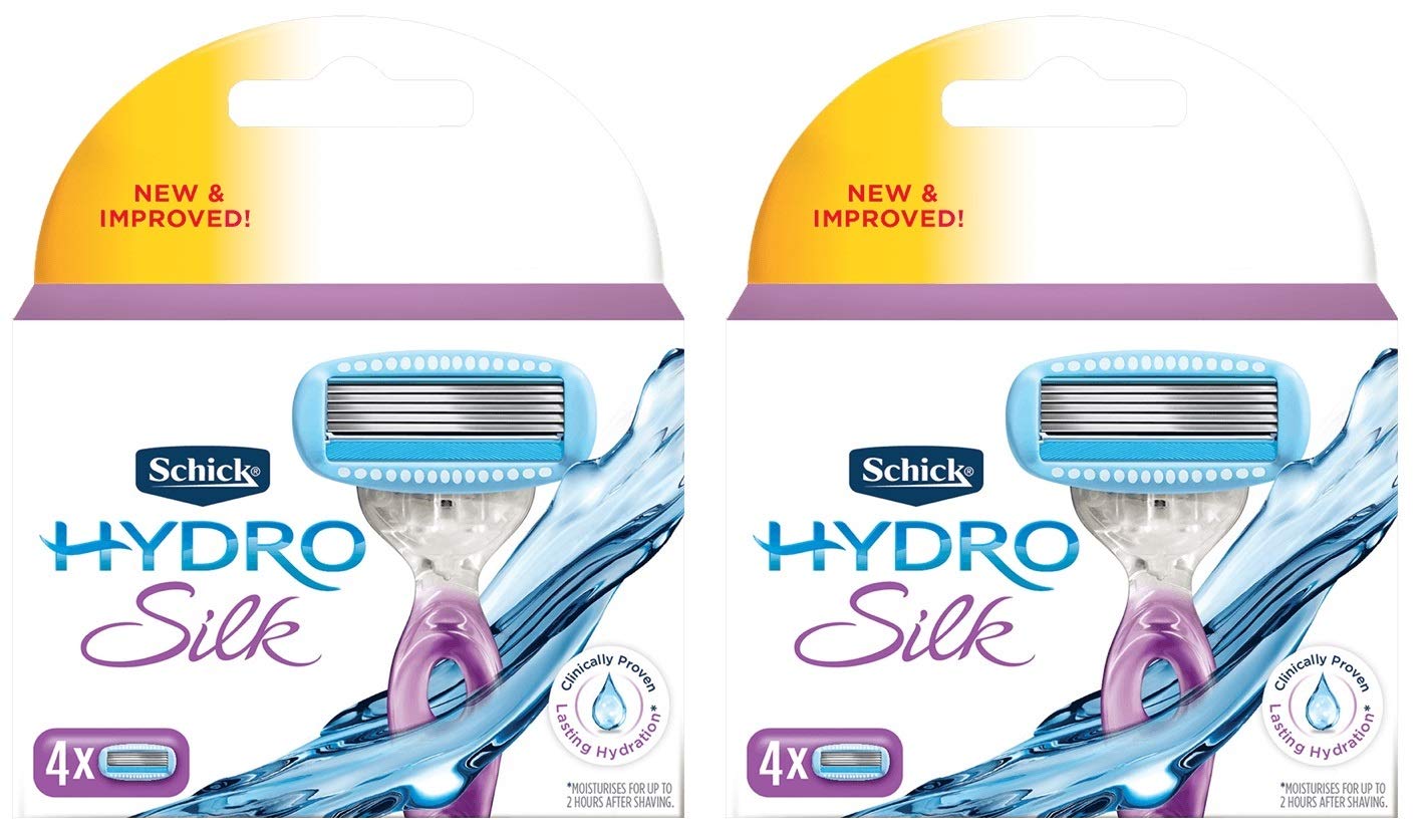 Schick Hydro Silk cartridges 2-pack in box, designed for gentle shave and skin protection.