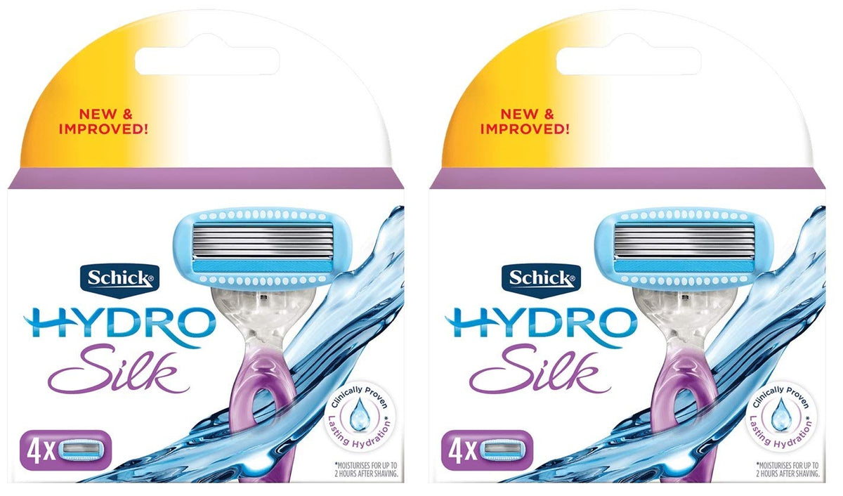 Schick Hydro Silk cartridges 2-pack in box, designed for gentle shave and skin protection.