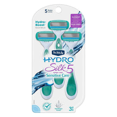 Schick Hydro Silk razor with ergonomic Aqueous Soft Touch handle for comfort.