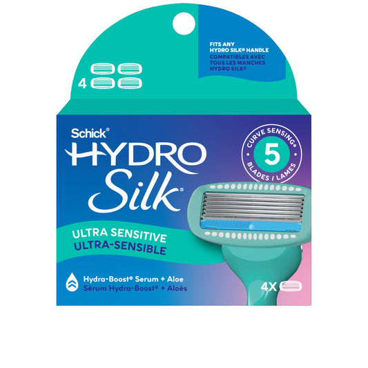 Schick Hydro Silk sensitive refills—4-count packaging with curve-following blades.