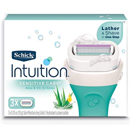 Schick Intuition Sensitive Care razor refill with aloe pack for a moisturizing shave.