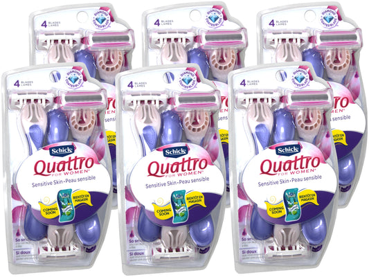 Schick Quattro Womens razor close-up showing four blades for smooth shaving.