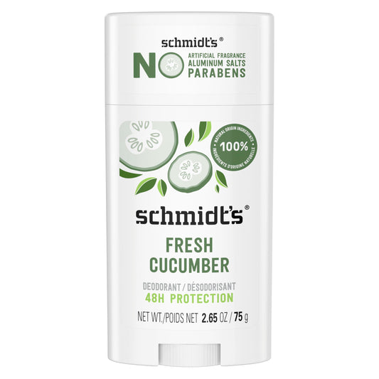 Schmidt's Fresh Cucumber deodorant bottle offers all-day odor protection with natural ingredients.