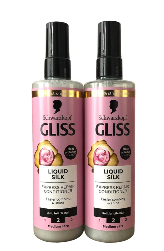 Schwarzkopf Gliss Liquid Silk Leave-In Conditioner spray close-up, lightweight formula for quick conditioning.