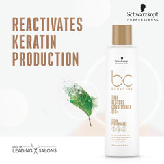 Schwarzkopf Professional BC Bonacure Q10+ Time Restore conditioner bottle highlights Q10+ formula for revitalized feel.