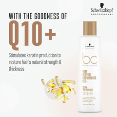 Schwarzkopf Professional BC Bonacure Q10+ Time Restore conditioner packaging on bathroom shelf suggesting premium care.