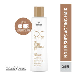 Schwarzkopf Professional BC Bonacure Q10+ Time Restore conditioner close-up showing smooth, glossy hair surface.
