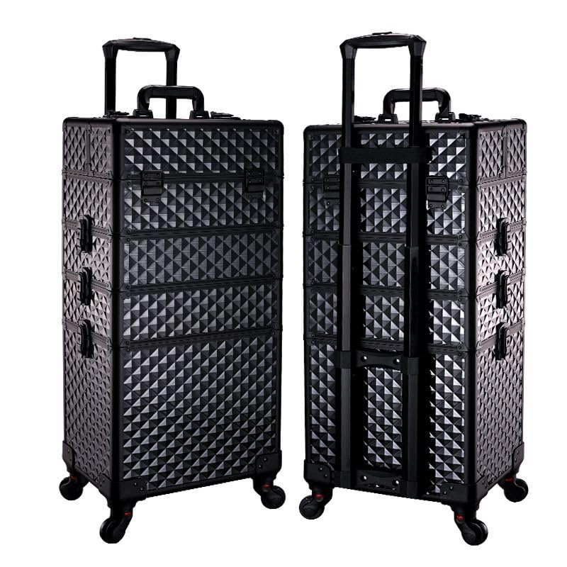 SCIKHEFT rolling makeup train case in all black diamond, ideal for travel-ready professional storage.