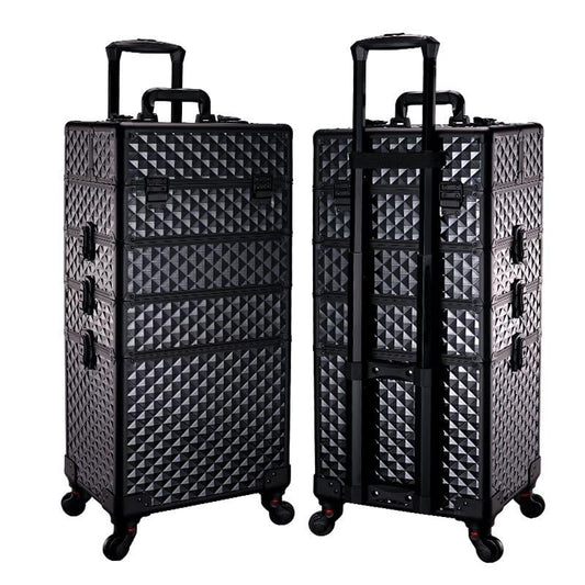 SCIKHEFT rolling makeup train case in all black diamond, ideal for travel-ready professional storage.