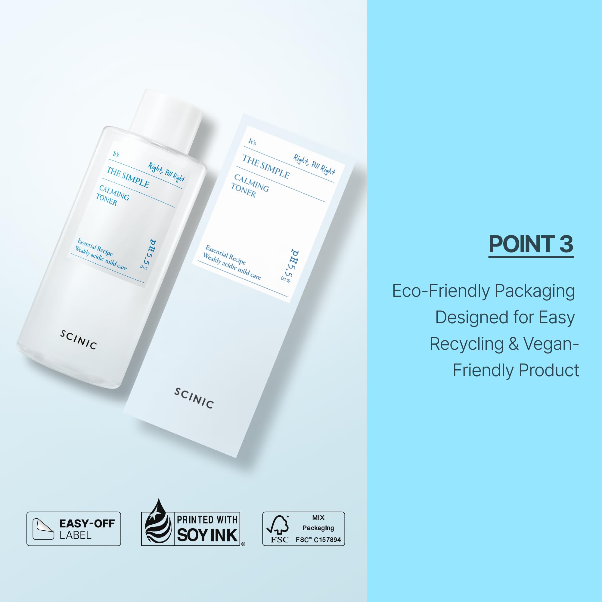 SCINIC Simple Calming Toner label communicates pH-balanced mild care