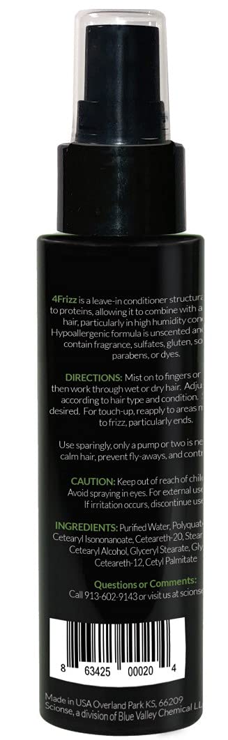 SCIONSE 4Frizz hypoallergenic water-based formula label highlighting fragrance-free benefits.