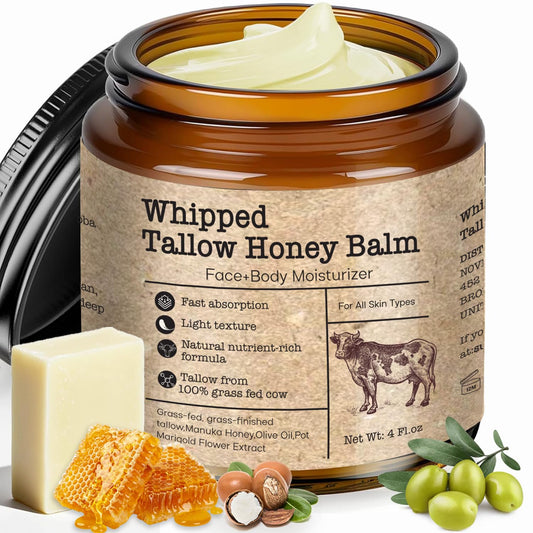 Scosvvi whipped tallow honey balm bottle close-up for skin hydration