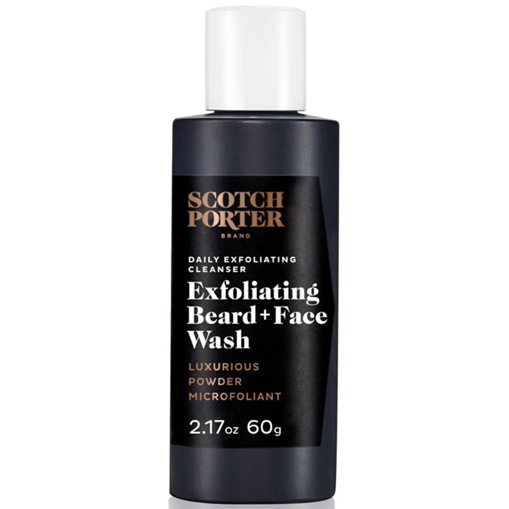 Scotch Porter exfoliating beard wash bottle closeup for premium cleansing of skin and beard.