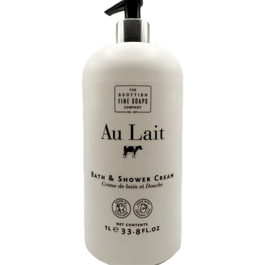 Scottish Fine Soaps Au Lait bath cream bottle with pump delivers a luxurious daily cleanse.