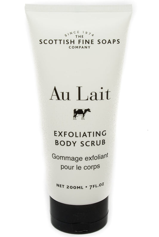 Scottish Fine Soaps Au Lait exfoliating body scrub bottle offers gentle exfoliation for smoother skin