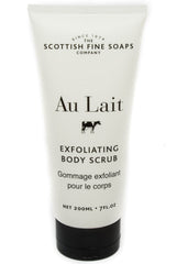 Scottish Fine Soaps Au Lait exfoliating body scrub bottle offers gentle exfoliation for smoother skin