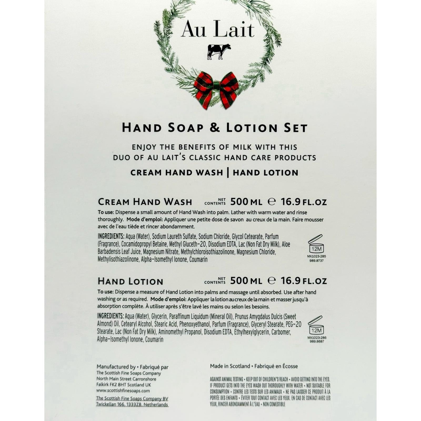 Scottish Fine Soaps Au Lait hand lotion bottle pump delivers gentle hydration.