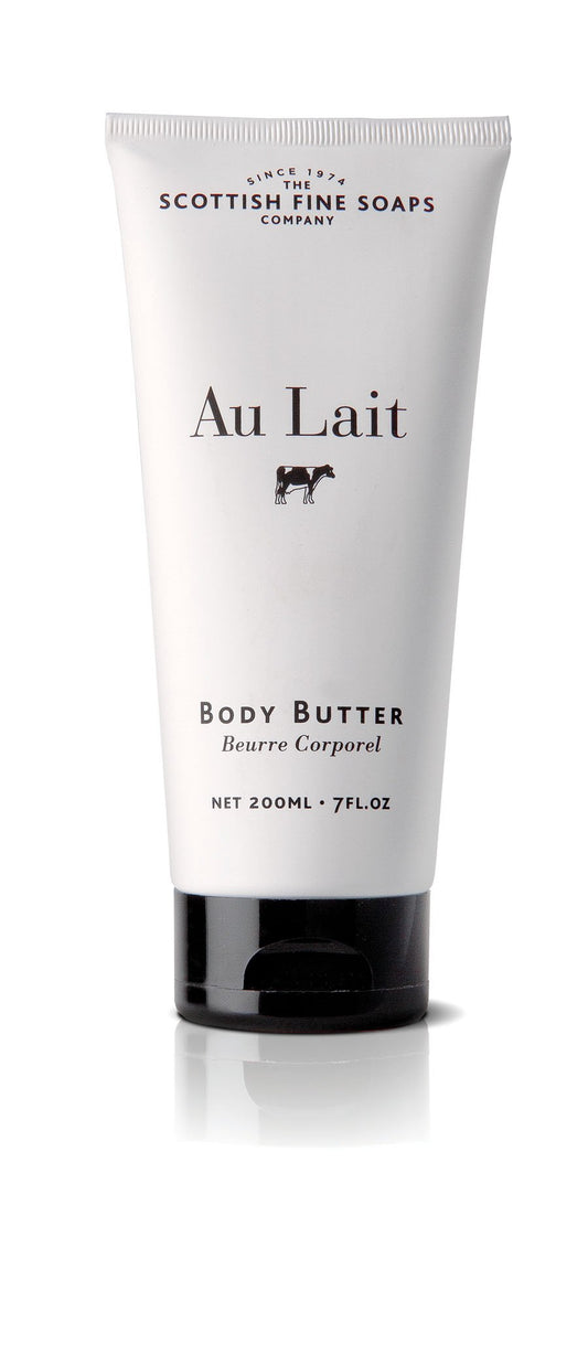 Scottish Fine Soaps Au Lait milk body butter tube for deep moisturizing and silky skin.