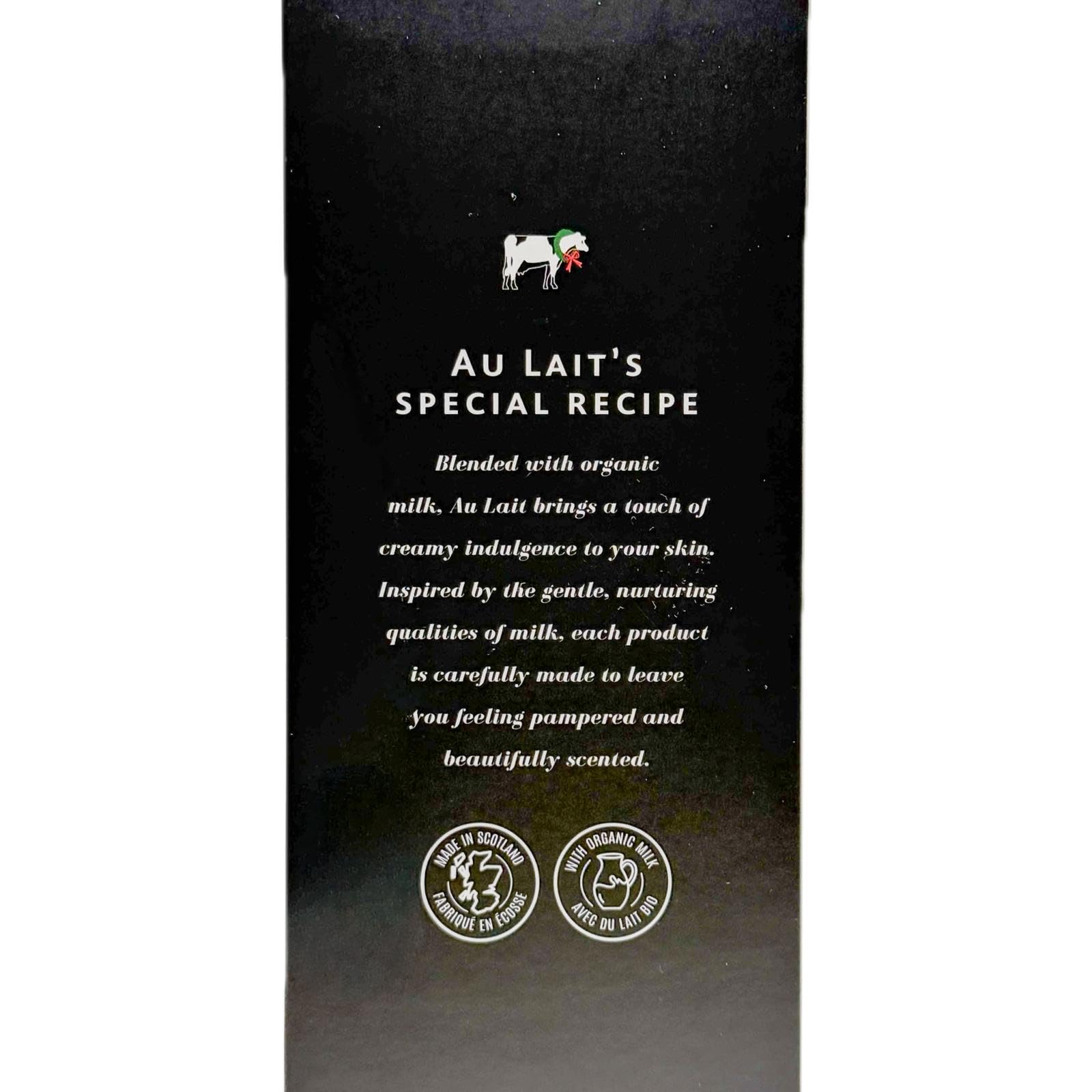 Scottish Fine Soaps Au Lait packaging closeup shows white and chrome details.