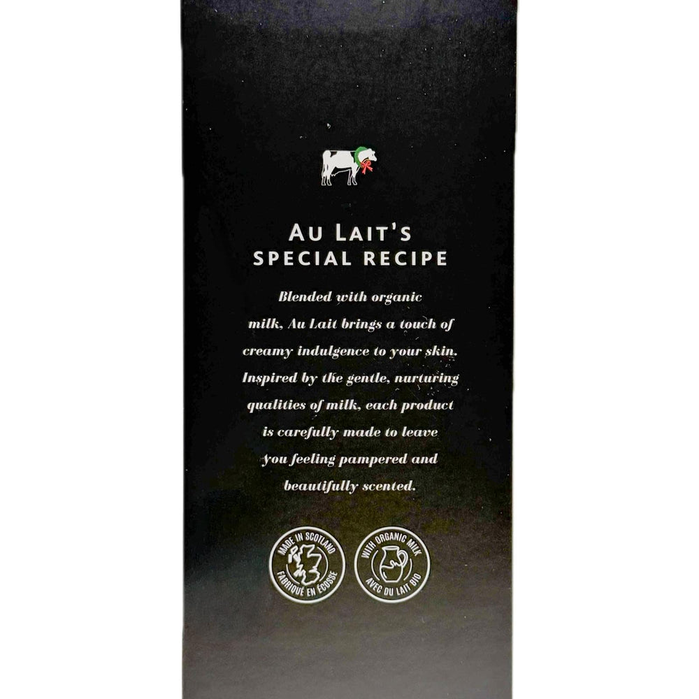 Scottish Fine Soaps Au Lait packaging closeup shows white and chrome details.