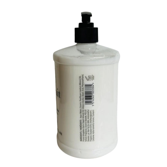 Scottish Fine Soaps The Company Au Lait Body Lotion bottle back view shows nourishing formula.