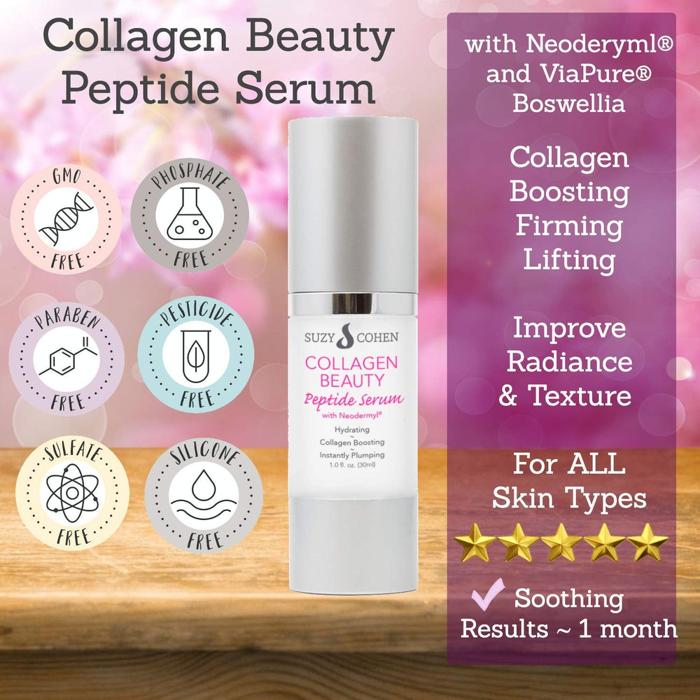 Script Essentials Suzy Cohen collagen serum on skin, smooth finish visible.
