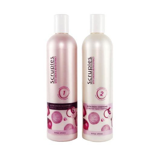 Scruples Biotin Onion Shampoo bottle showcases cleansing and scalp support for fuller-looking hair.