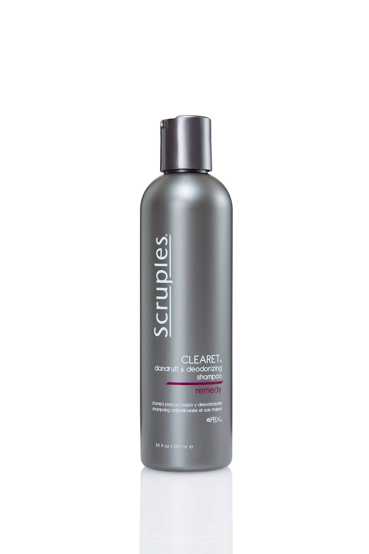 Scruples Clearet shampoo bottle front; salon-grade cleanse for dry, itchy scalp.