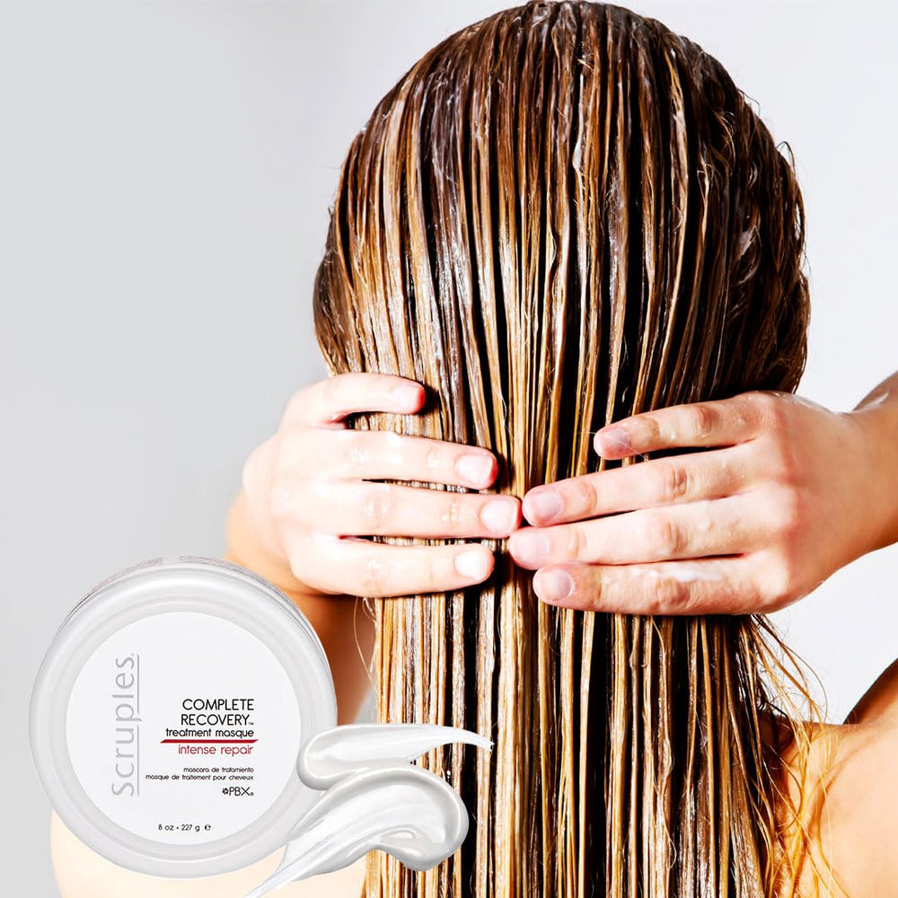 Demonstration of even application for smoother, shinier hair with Scruples masque.