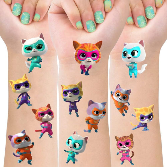 SDONY Super Cats tattoo sheet design on arm for kid-friendly party fun.
